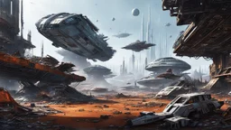 ground-level futuristic sci-fi clearing in a scrap yard for spaceships, surrounded by broken and rusty space ships and buildings, star wars