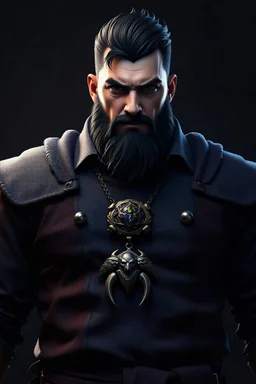 Tall, burly, lean muscular man, chef clothes, raven Black hair, short trimmed beard, bear claw amulet, 8k resolution, dark fantasy concept art, as on Deviantart, dynamic lighting, hyperdetailed, intricately detailed, trending on Artstation, deep color, Unreal Engine, volumetric lighting, complementary