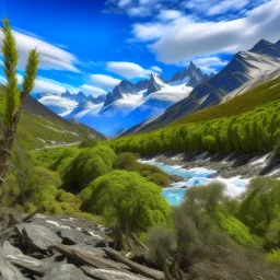 Los Glaciares National Park, Patagonia, Argentina, peaks with snow, river in th deeb canyon detailed trees with detailed branches an leaves and stones with moos in the foreground, phototralistic, summer, multicolors, blue sky with fluffy clouds, side view, from the top of a peak