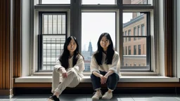 Two Asian women, around 22 years old, with long black hair, are sitting on a window sill inside a room with wooden floors and white walls. The window is large and rectangular, and it offers a view of a tall building with many windows. The building is made of light-colored brick or stone. The women are dressed in casual clothing, and one of them has her legs stretched out in front of her. There is a pair of shoes and a bag on the window sill next to them. The lighting is soft and diffused, and th