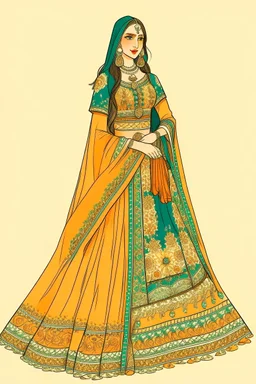 AN ILLUSTRATION OF a girl wearing mehdi lehnga dress