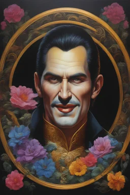 Count Dracula's face inside a gold circle, multicolored, large, Floral/rainbow designs, atmospheric, beautiful, bright, vibrant colors, pitch-black background, oil painting by Boris Vallejo, 4k UHD, Photorealistic, professional quality