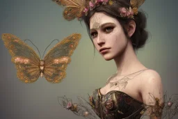 upper bust portrait, the queen of butterflies, corset, intricate metal work flower crown, butterfly wings on back, 8k resolution concept art, dynamic lighting, intricately detailed, hyperdetailed, beautiful, ethereal, elegant, golden hour, (butterfly), gothic