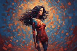 beautiful brunette sensual woman in a body suit, vibrant deep colors abstract minimalism impasto oil atey ghailan Andy Kehoe Jean Baptiste Monge Nagasawa Rosetsu Arthur Adams Hokusai style math art platinum dots concrete art burgundy deep blue golden foil wiring diagram made of dot squares wood stone chopped metal by Norman Rockwell Anton Fadeev krenz cushart disco club deep lighting neon ambience rich light, sequins, glitters, crystal dust, glowing effect rim light, inner glow, volumetric light