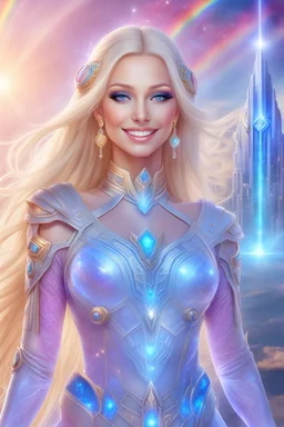 cosmic woman smile,beautiufos rainbow, admiral from the future, galactic confédération, fine whole face, crystalline skin, expressive blue eyes,rainbow, smiling lips, very nice smile, costume pleiadian, Beautiful tall woman pleiadian Galactic commander, ship, perfect datailed golden galactic suit, high rank, long blond hair, hand whit five perfect detailed finger, amazing big blue eyes, smilling mouth, high drfinition lips, cosmic happiness, bright colors, blue, pink, gold, jewels, realist,