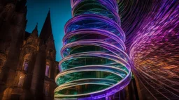 94614, delightful, sensitive, confident, iridescent double helix tower, delicate, nocturnal, architecture, award-winning photograph, beautiful composition, filled with beautiful detail, delicate colour, chiaroscuro