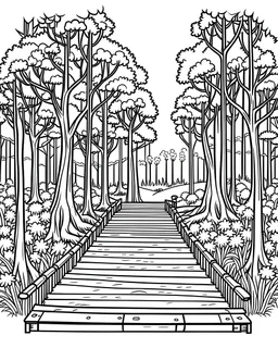 drawing with pen outline art for adults coloring book pages.beautiful wooden pathway going the breathtaking trees in a forest,white background, sketch style, only outlines used, cartoon style, lines, coloring book, clean lines, no background. White, Sketch style. Grayscale Coloring Pages Printable for Adults., white background, Sketch style. Coloring Book for Adults, Instant Download, Grayscale Coloring Book