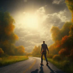 view of long road , man walking with blood hand , sun is blury