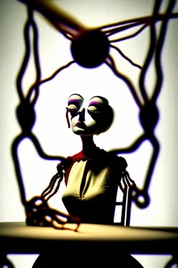 a surreal abstract image of a woman seated on a table,facing to the front ,she is connected to string like a puppet, arms in air, moved by the strings, puppet like features in the face, beautiful face, behind her also facing the front is the puppet master,is a huge image of a man holding the strings, creepy gothic character,.zoomed in, dark and shadowy background with selective lighting on the woman, gothic and chaotic