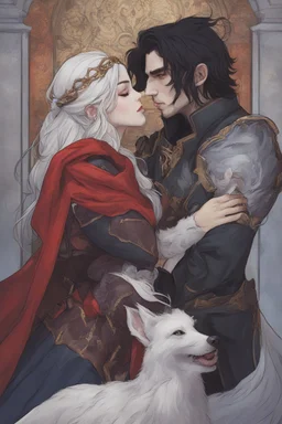 A couple from the dnd game curse of Strahd kissing. She has white hair he has long black hair.