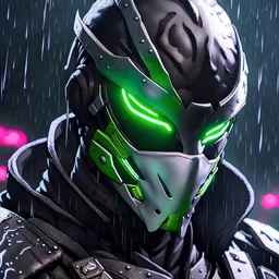 Genji with cover mask in 8k nier automata drawing style, venom theme, cinematic mood, neon reflect, close picture, rain, highly detailed, high details, detailed portrait, masterpiece,ultra detailed, ultra quality