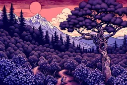 Can you create a beautiful solarpunk inspired artwork for a blueberry wine variety that has post-impressionistic vibes, a vibrant colour palate, and Arthur Rackham inspired imagery. Please include stylized elderberry trees, Kootenay mountains. Japanese woodblock style and a woman drinking wine