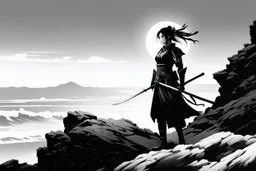 (in the style of Orion, by Masamune Shirow) Optimized Prompt (Art by Claudia Andujar, infrared, high-contrast black and white film photography) A solitary female samurai, the absolute final warrior of her slaughtered clan, is captured as a stark silhouette. She stands on a jagged cliff edge at the rugged coastline of Honshu. The sun has dipped below the horizon, leaving only a ghost of light—a thin, etched line against the fading, twilight sky. Her posture is a heavy monument to exhaustion and d