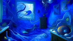 a room, interconnections, cornucopia, blue atmosphere, chaotic composition, interconnected human life forms