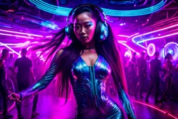 dancing in silent disco a young asian woman with long extrem hair, stunning futuristic dress and make up, wearing headphones and looking you attraktive, The atmosphere is enhanced in disco bar with neon lights, cyberpunk vibe, futuristic, light lines, photorealistic, in background blure light and blur dancing people