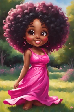 An expressive oil painting image of a chibi black cartoon of a curvaceous woman with flowing of tight curly afro of black hair that's highly detailed, wearing a hot pink maxi dress. She sits relaxed on the grass facing the warm sunlight, which illuminates her face as she looks to the side with a small smile, accentuating her prominent makeup and brown eyes. with green and hot pink roses all around