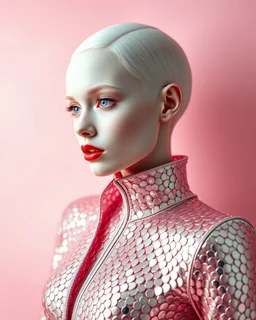 pink ,back ground ,A mesmerizing fusion of intimate abstraction and surreal futurism, depicting a striking female albino figure adorned in a breathtaking silver chrome-scaled suit. The intricate structure of the suit echoes the hyper-fractal nature of a coherent hyper-position lattice, creating a dynamic interplay of light and form that seems almost otherworldly. Her presence is both mysterious and seductive, yet tinged with an innocent vulnerability, as she gazes outward with an expression of