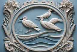 ((pale blue exquisite bas-relief art sea waves and birds on wall)) , with thin wavy lines decorative elements, work of art, intricate, vertical light, shadow, bas-relief art , masterpiece