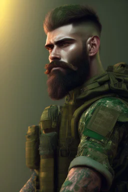 photorealistic male bearded handsome soldier, hyperdetailed painting, luminism, Bar lighting, complex, dark green miltary, 4k resolution concept art, Artgerm, WLOP, Alphonse Mucha, 3d render, octane render, intricately detailed, cinematic, awesome full color, hand drawn, dark, gritty, cinematic, buckeye burl