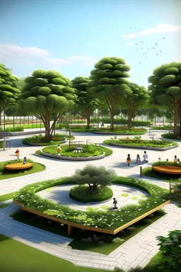 Genera el diseño de una plaza, con tres tipos de arboles distintos incluidos, además de eso debe tener gacebos, sillas para picnic, parque de niños, area para mascotas, entre otras atracciones y recreaciones para el publico.