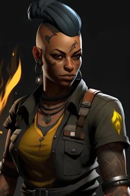a female fire genasi archaeologist with black skin, a mohawk hairstyle and tattoos wearing a cargo shirt