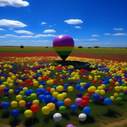 A photo of a field of balloons shaped as a flower, in the middle of a prarie.