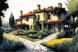 create in inkwash and watercolor a peaceful villa with expansive gardens set in the tranquil landscape of ancient Tuscany in the comic book art style of Mike Mignola, Bill Sienkiewicz and Jean Giraud Moebius, , highly detailed,, grainy, gritty textures, , dramatic natural lighting