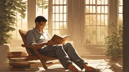 The image portrays an atmosphere of tranquility and focus, with an individual reading a book in a serene and comfortable setting. It reflects the spirit of self-improvement and personal growth, as the person appears engrossed in exploring inspiring content that contributes to their personal development and knowledge acquisition. The appropriate lighting and intricate details enhance a positive and motivating ambiance for learning and advancement.