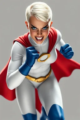 Full body image of Karen Starr in a superhero landing pose. She is a young, athletic white female with a crew cut bleach-blonde hairstyle, blue eyes, thick black eyebrows, short bulbous nose, thick lips, happy eyes, and a round face with a semi-pointed chin. She wears a white long-sleeved bodysuit with a high collar, blue elbow-length gloves, a red belt with a gold buckle, a red cape, and knee-high blue boots. Her expression is intense and predatory, with sharp canine teeth visible in a snarl.