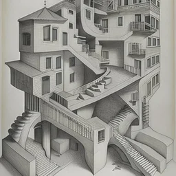 A building in 3 axis with stairs upside down and in several spacial dimensions and directions by artist "Escher" and "Tichenor"