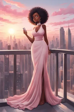 The scene opens onto a serene balcony overlooking a bustling city skyline. The sky above is painted in soft hues of pink and gray as the sun begins its descent, casting a warm glow over everything it touches. In the foreground stands a captivating figure, airbrush chibi cartoon curvy black woman exuding confidence and elegance. She is adorned in a flowing white knit maxi dress that hugs her curves in all the right places, accentuating her silhouette. Her choice of footwear is equally stunning