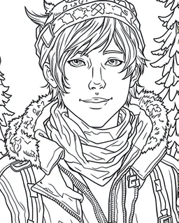 outline art for real Kristoff In The Snow coloring page, Japanese manga style, cartoon style, cute face, white background sketch style, full body is a must, only use outline, clean line art, no shadow, bold outline