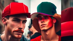 many men wearing trucker red hats enjoy the pride parade