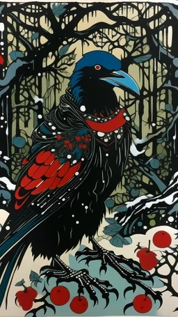 A contemporary serigraphy by Matisse and Kunisada of a human-raven adorned in a punk leather jacket within a snowy Christmas atmosphere.