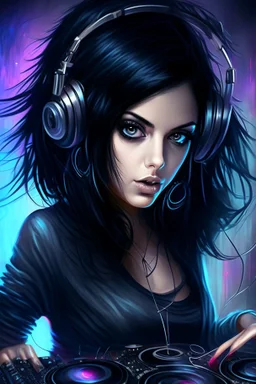 Raven Haired Grey eyed Beautiful DJ girl spinning tunes at a disco club