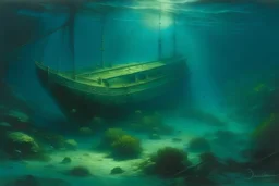 A shipwreck in deep underwater painted by Birge Harrison