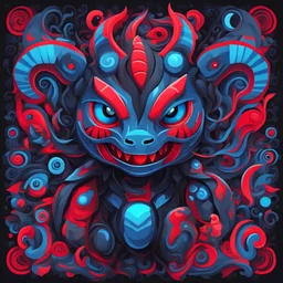 Aegiochusmon: Dark with black black-gray dull-blue neon-red palette in toyism art style
