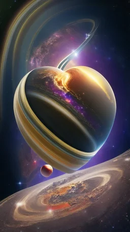 heart-shaped planet in space, with saturn rings , photorealistic