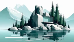 MINIMALIST CUBIC BUILDING ON THE ROCKY SHORE OF A LAKE, Tagalog, Thin, Afternoon, Tropical forest, Vector field