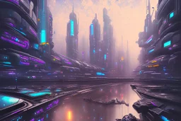 Futuristic cyberpunk street, planet in the sky, impressionism painting