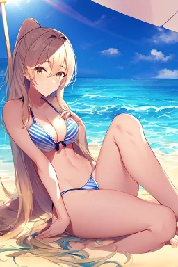 an anime waifu suntanning on the beach in a bikini