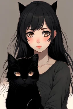 Beautiful girl with black hair holding a black cat anime