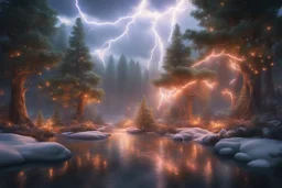 lightning sparkling christmas lights in forest, on lakeside in sunshine detailed matte painting, deep color, fantastical, intricate detail, splash screen, complementary colors, fantasy concept art, 8k resolution trending on Artstation Unreal Engine 5