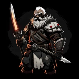 darkest dungeon style character art: black-skinned dwarf man with white hair and, wearing armour and wielding a shield and sword