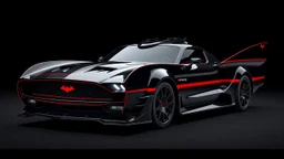 batmobile concept inspired from a 2025 ford mustang dark horse with a large elaborate spoiler and batman symbol style fins, batman symbol in grille, lower wind deflector. red stripes like 1960s adam west batmobile