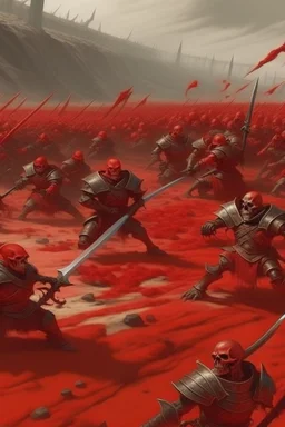 a red battle field with dead orcs