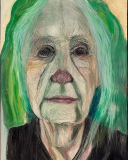 Abstract portrait of an old woman with green eyes and white hair