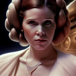 extremely detailed 8k hyperspace wallpaper,complete and photo realistic detailed head to waist stunning photo realistic portrait of carrie fisher as Princess Leia in star wars with photo realistic fine but simple hair, brown eyes, professional majestic photo realistic painting by Ed Blinkey, Atey Ghailan, by Jeremy Mann, Greg Manchess, Antonio Moro, trending on ArtStation, Intricate, High Detail, Sharp focus, dramatic, by greg rutkowski, realism, beautiful and detailed lighting,