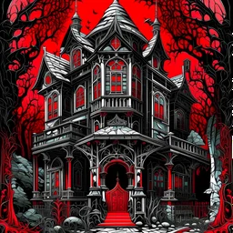 vibrant red, white, and black line art, stands tall amidst a richly detailed 3D cottage surrounded by a monochromatic tetradic color palette. The captivating scene takes place within a mysterious and dense gothic jungle, exuding an eerie and surreal atmosphere. The fusion of abstract art, street style, and baroque elements conveys a unique and visually striking composition that mesmerizes the viewer. High-definition details and impeccable execution elevate this artwork to the realm of photoreali
