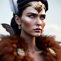 woolitize, Wonder woman, rusty metal, feathers, Dryad, fae, sidhe, ominous, nature, plants, wildflower, facepaint, dnd character portrait, intricate, oil on canvas, masterpiece, expert, insanely detailed, 4k resolution, retroanime style, cute big circular reflective eyes, Pixar render, unreal engine cinematic smooth, intricate detail , soft smooth lighting, soft pastel colors